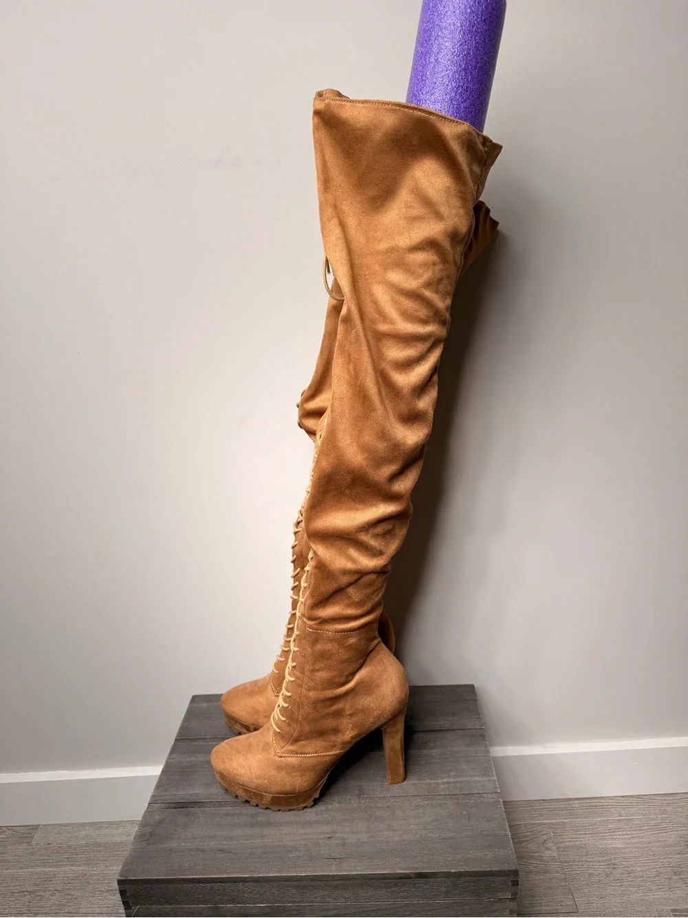 Shoe Dazzle Cognac Lace-Up Over-the-Knee Heeled Boots
